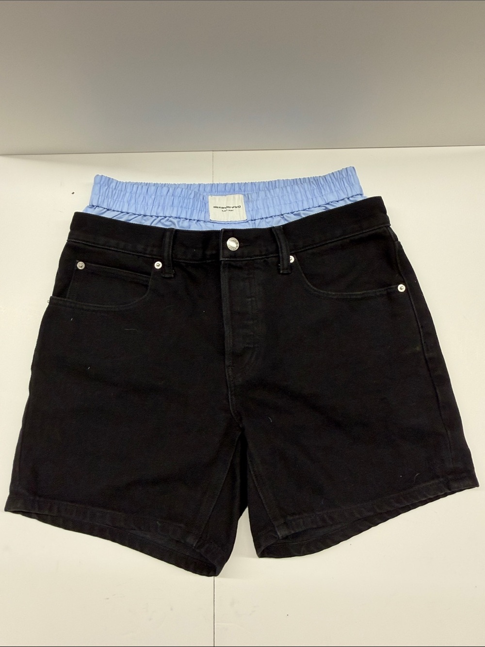 Alexander Wang Black Cotton Denim Shorts w/ Light Blue Waistband Women’s size 26